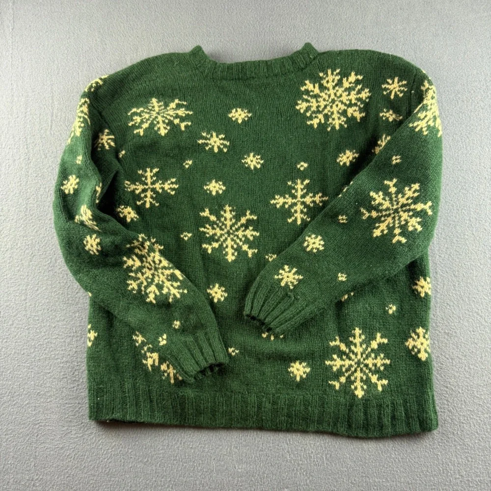 Vintage J Crew Sweater Women's M Green Oarsman Roll Neck Snowflake Christmas